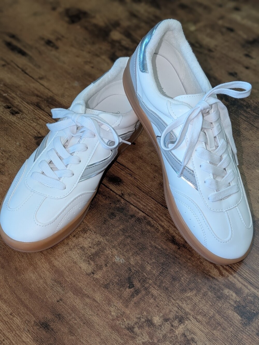Madden Girl White Leather Sneakers with Gum Sole and Silver Accent